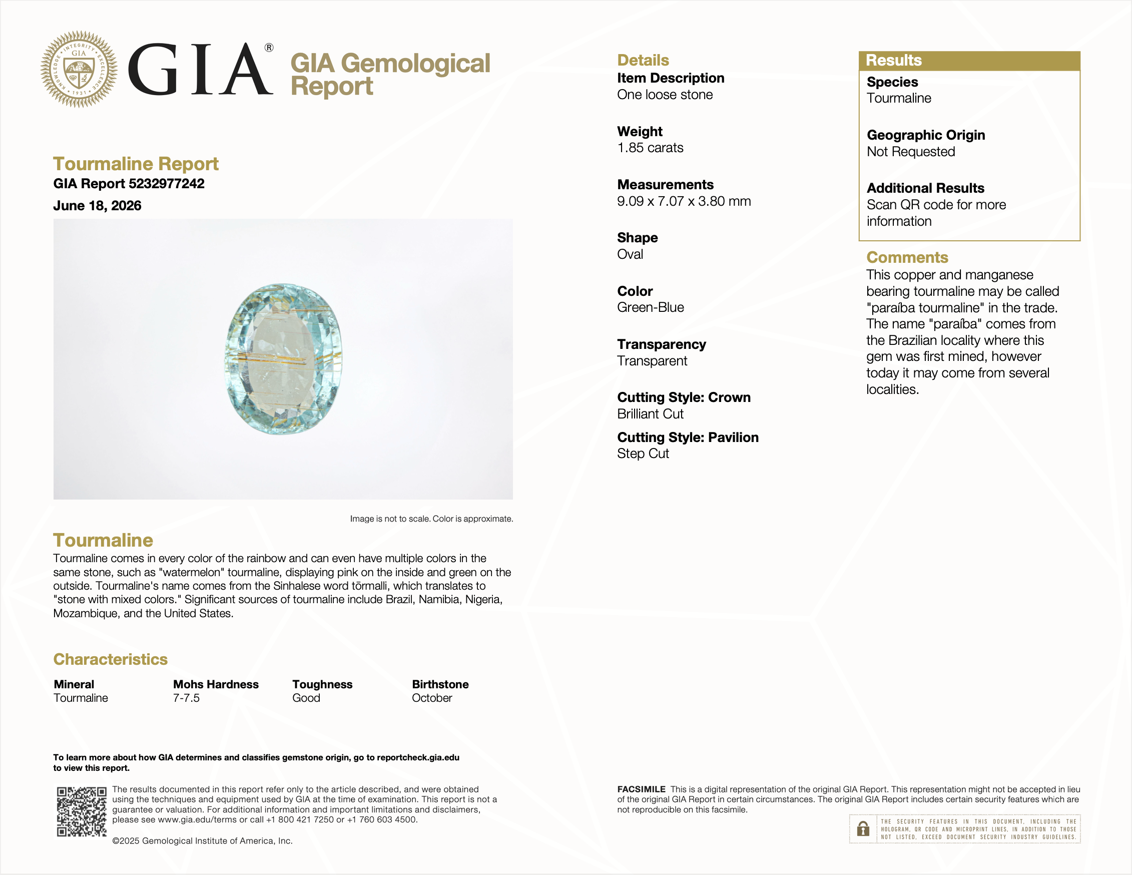 GIA report 5232977242 for 1.85 carat natural untreated Paraiba tourmaline