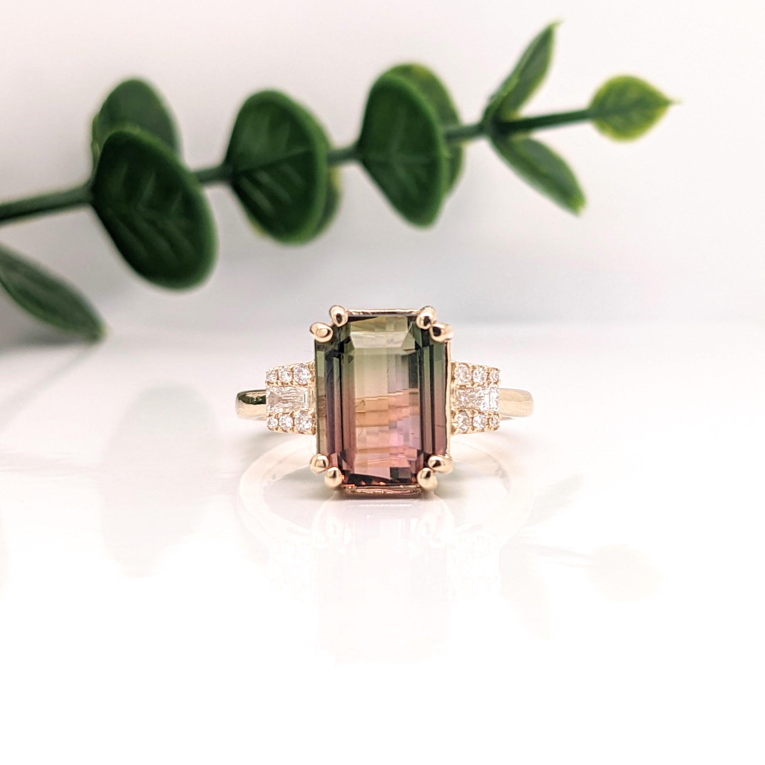 5ct Bicolor Tourmaline Ring w Earth Mined Diamonds in Solid 14K Gold | EM 10x8mm