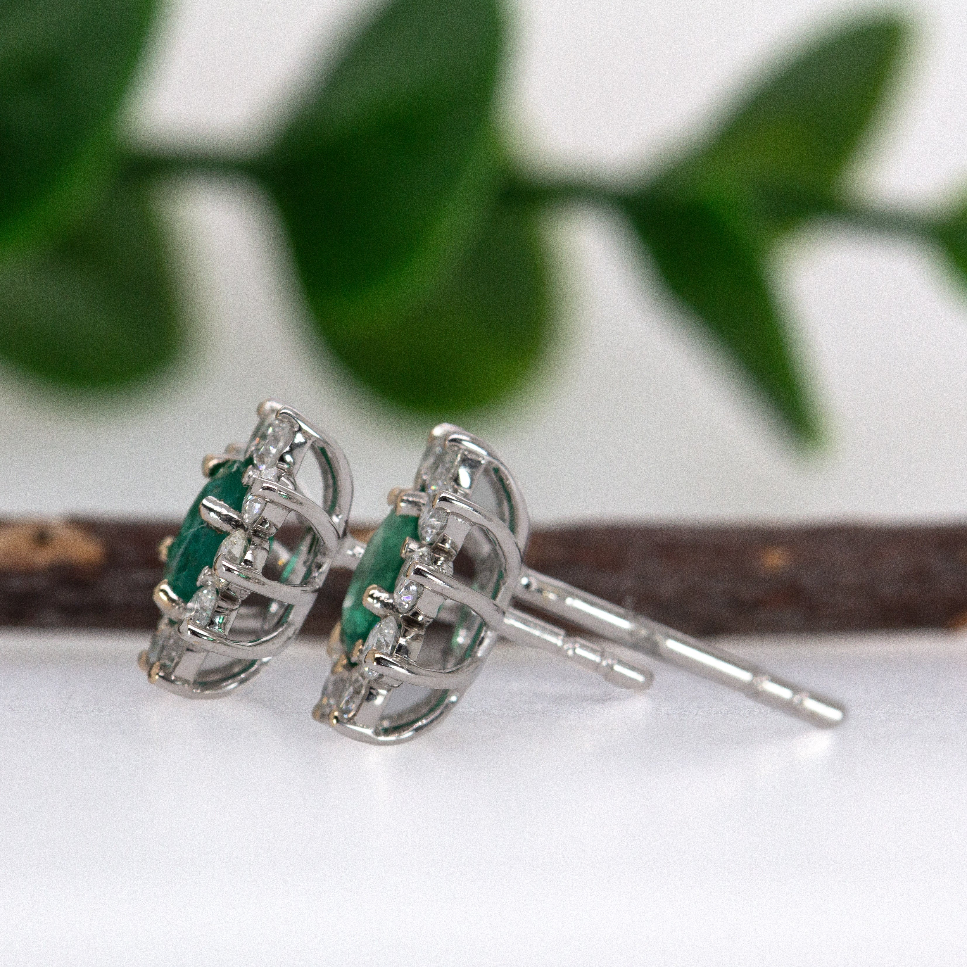 Alice 14K White Gold 0.55cts Emerald Diamond Stud Earrings | Oval 5X4mm