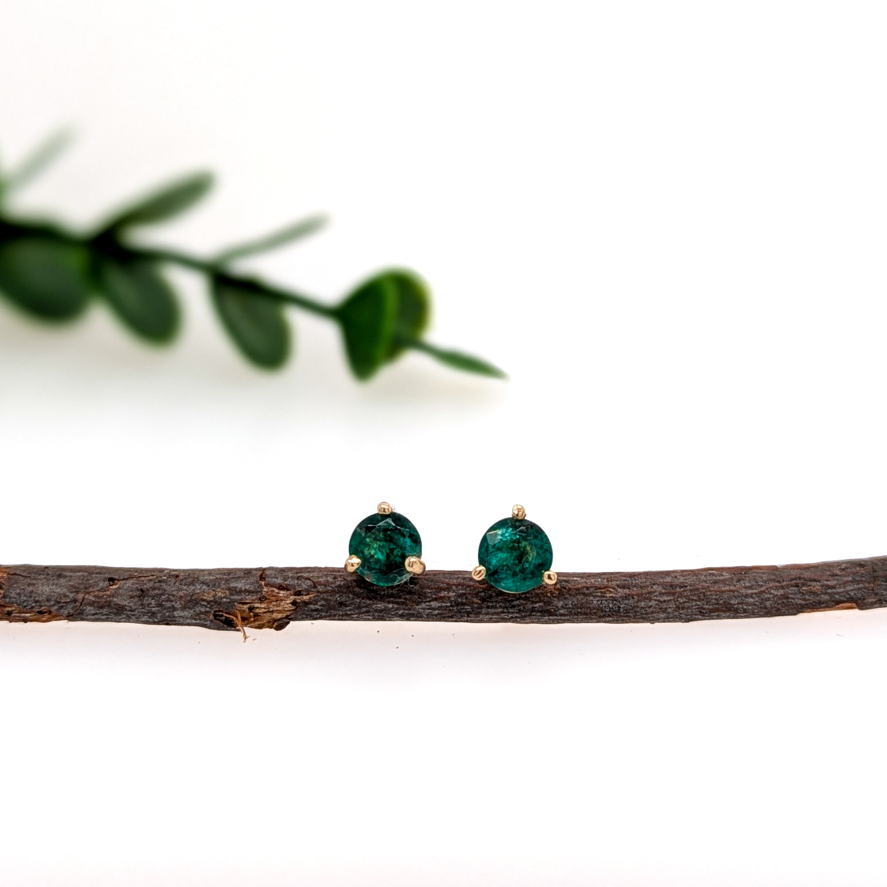 5mm Martini Round Zambian Emerald  Solitaire Stud Earrings in 14K Yellow Gold