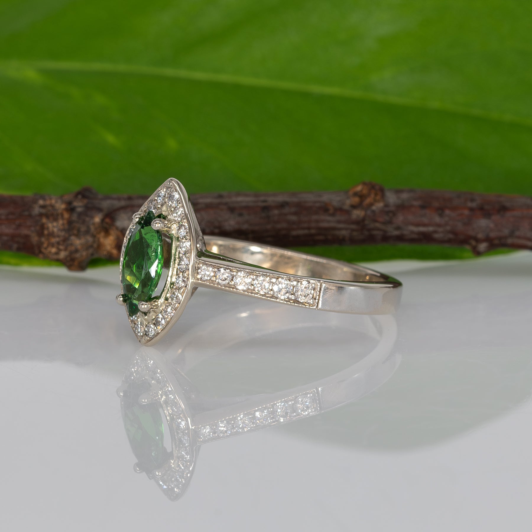 14K yellow gold marquise tsavorite garnet estate ring with diamond accents
