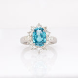 Oriana Estate Blue Zircon Ring with Natural Diamonds Accents: Platinum, 10x7mm