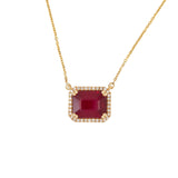 Somi Solid 14K Gold Ruby Pendant Necklace with Attached Chain, Natural Diamonds Halo, 10x8mm