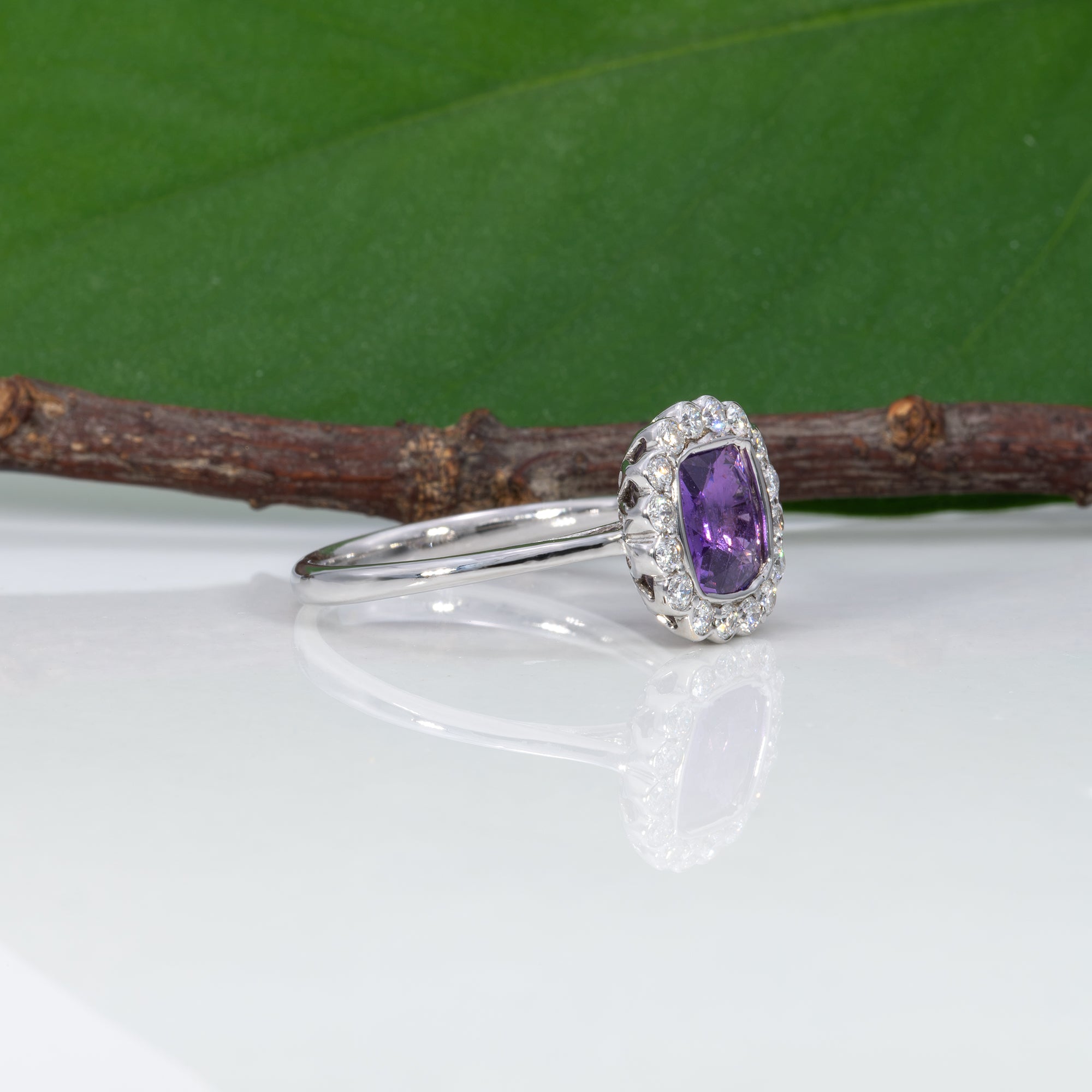 14K white gold GIA purple sapphire ring with diamonds