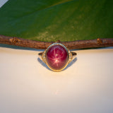 14K yellow gold star ruby cabochon ring with diamond accents