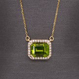 Wendy 14K Yellow Gold Peridot and Diamond Halo Necklace | EM 9x7mm