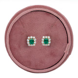 Olive Solid 14k Gold Colombian Emerald Stud Earrings with Natural Diamond Accents, Emerald cut 6x4mm