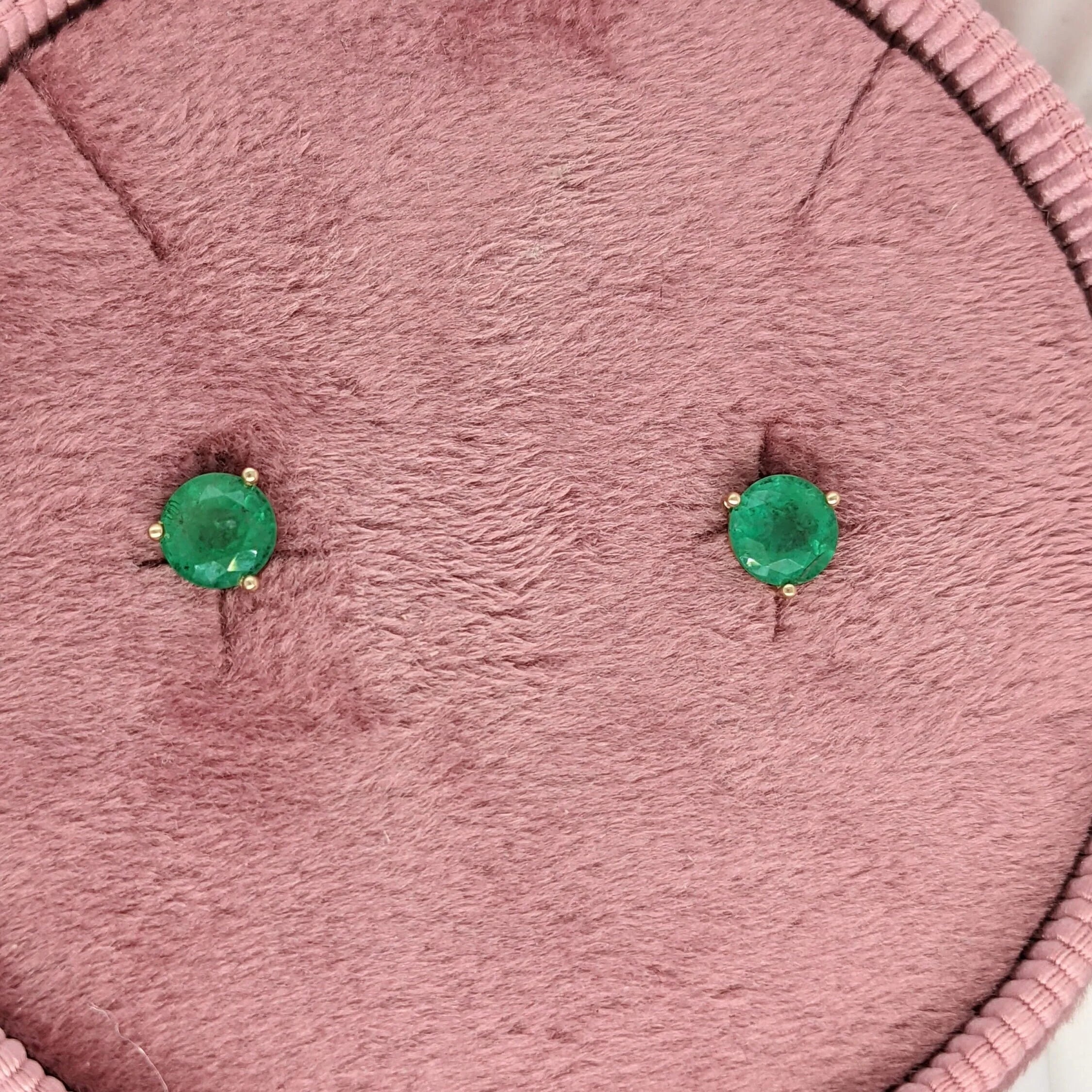 14K yellow gold Zambian emerald round stud earrings