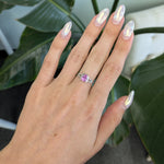 14K white gold pink sapphire pear ring with diamond halo