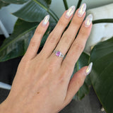 14K white gold pink sapphire pear ring with diamond halo
