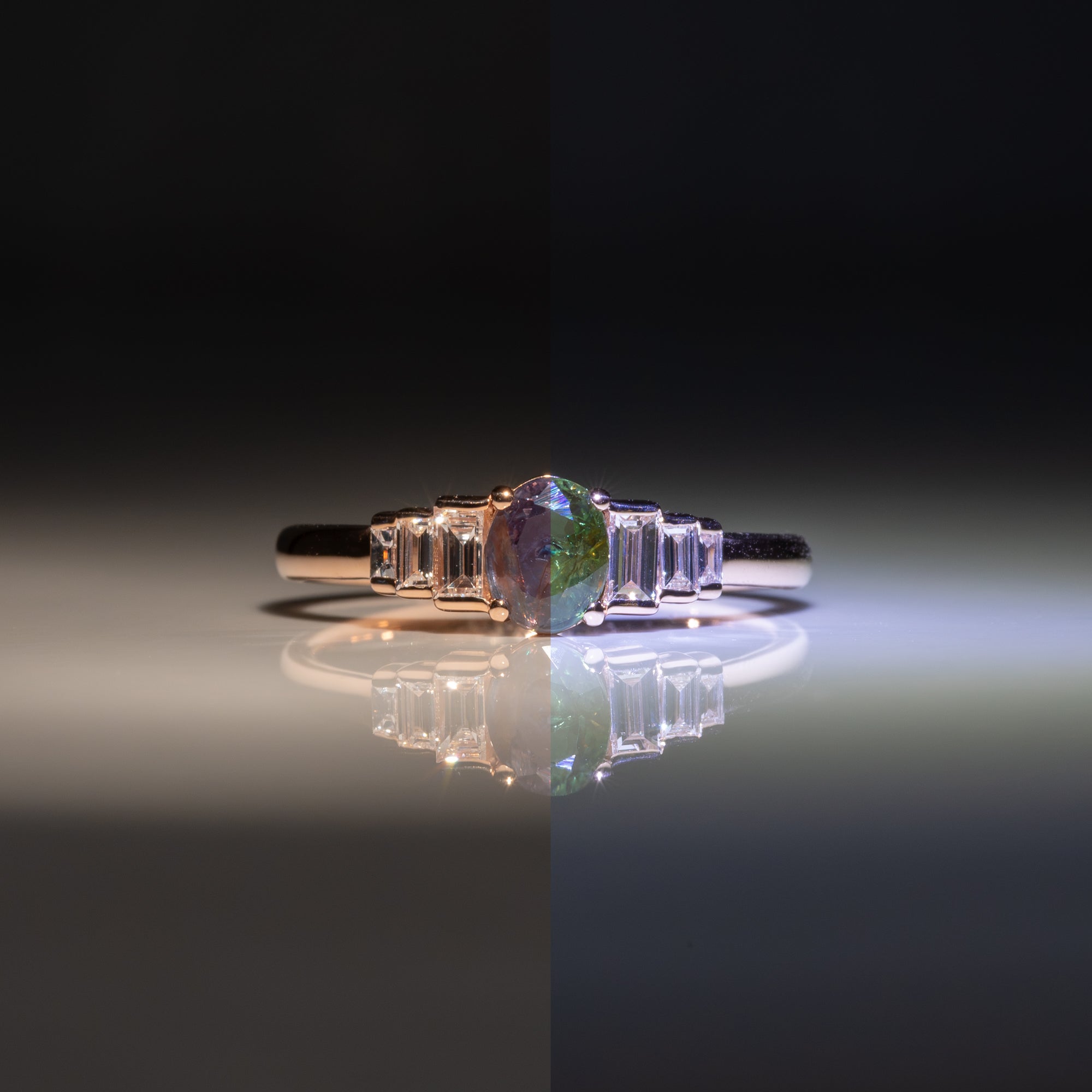 14K rose gold alexandrite ring with diamond accents