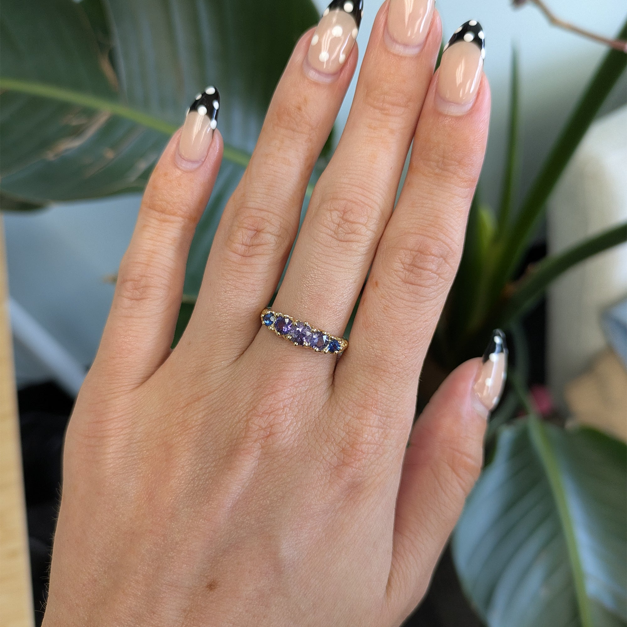 18K yellow gold estate ring with blue and purple sapphires