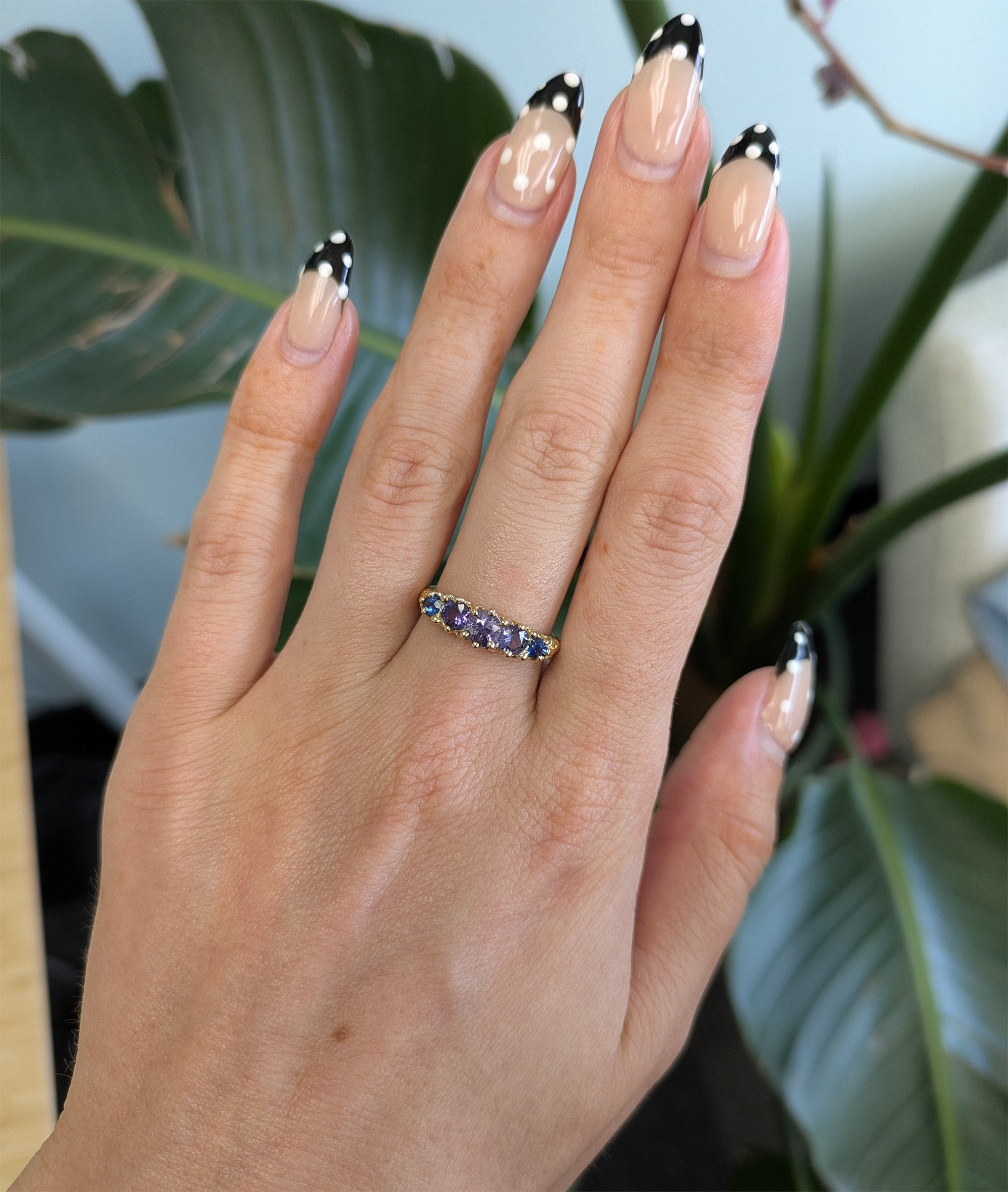 18K yellow gold estate ring with blue and purple sapphires