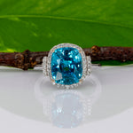 14K white gold Cambodian blue zircon cushion ring with diamond halo