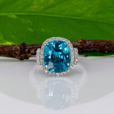 14K white gold Cambodian blue zircon cushion ring with diamond halo
