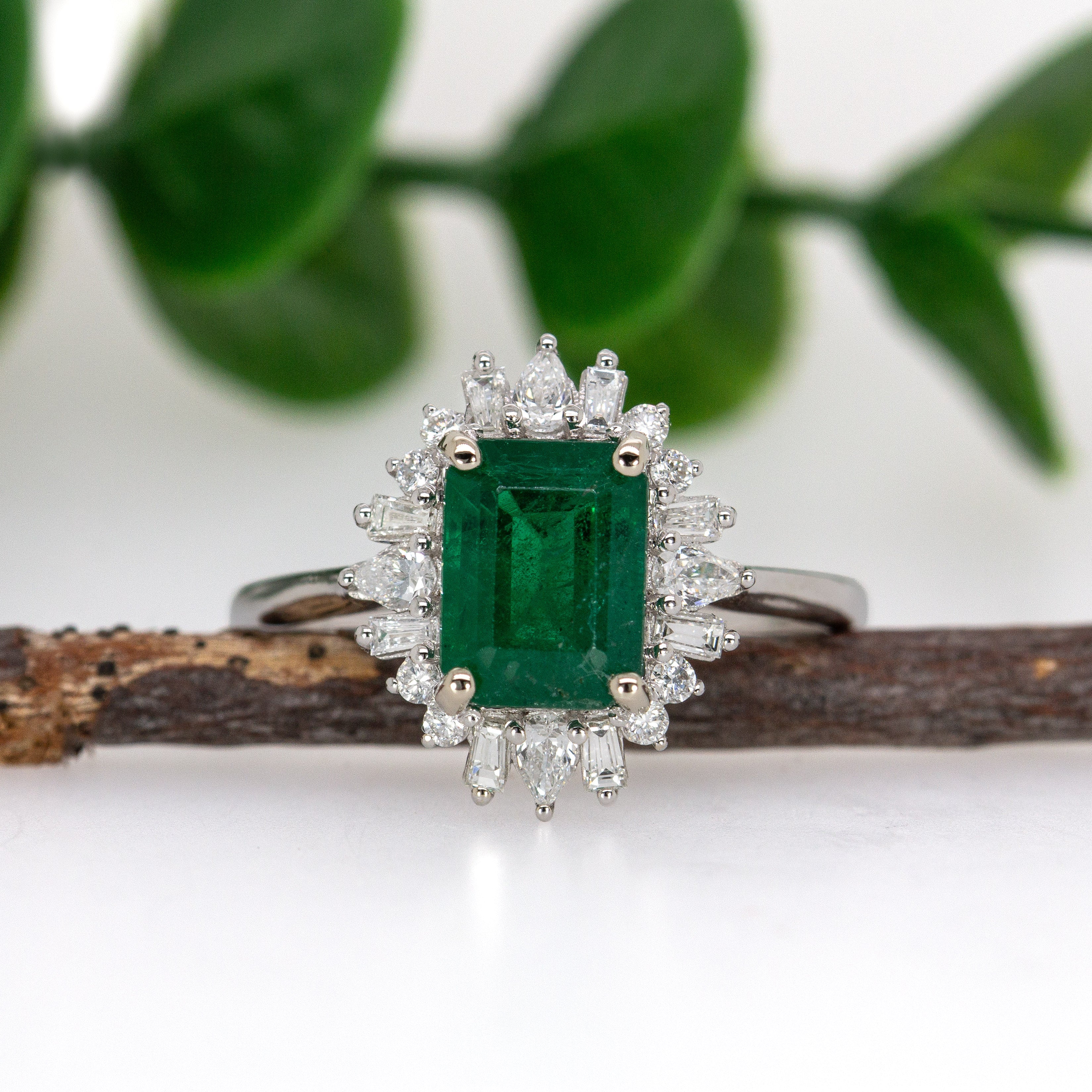 Mukta 14K White Gold 1.66cts Zambian Emerald Diamond Ring | Emerald Cut  8x6mm