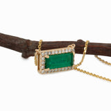 Soleil Solid 14k Gold Colombian Emerald Necklace with Natural Diamonds Accents, Emerald cut 11x4