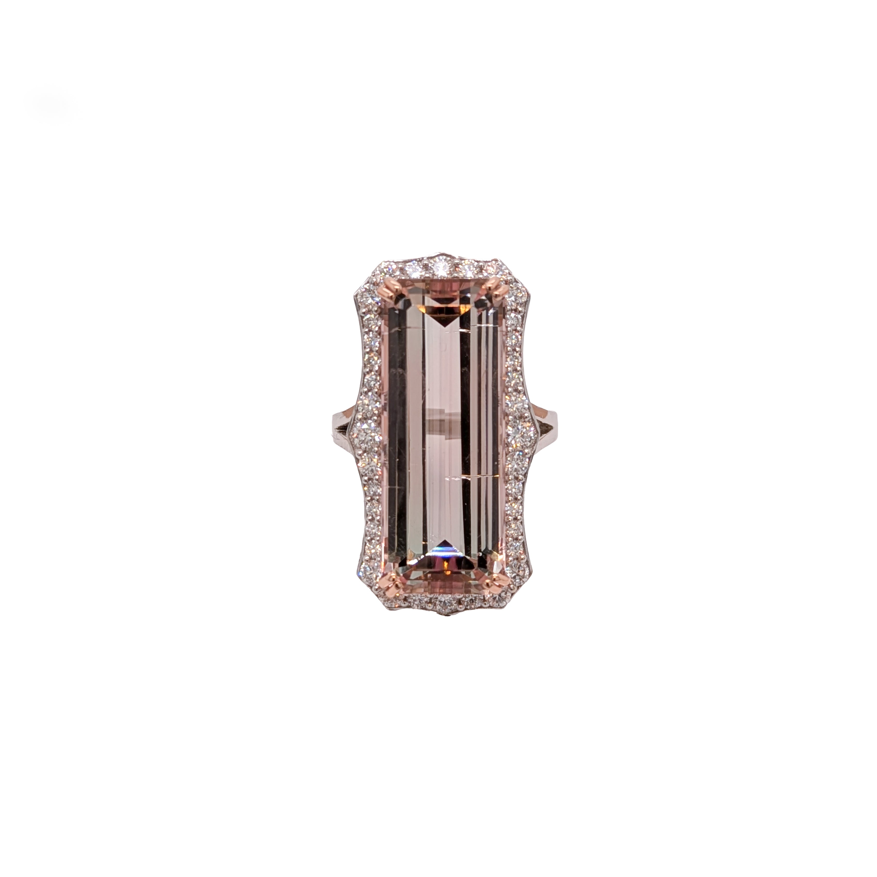 celine 14k white gold 20.04cts pink tourmaline diamond ring | emerald cut 25x10mm