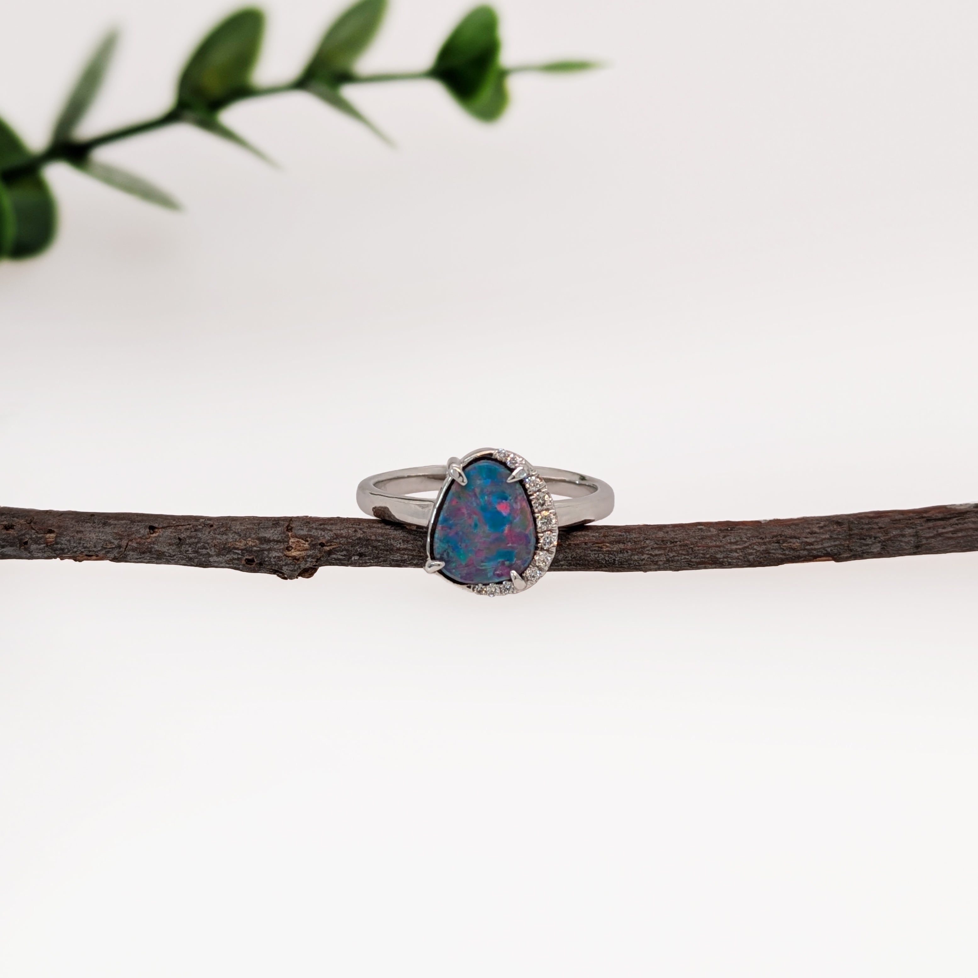 mila 14k white gold 1.65cts boulder opal diamond ring | fancy shape 9x7mm