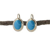 Sleeping Beauty Turquoise Drop Earrings in 14K Yellow Gold | Diamond Halo | Oval Cabochon | 10x8mm | December Birthstone
