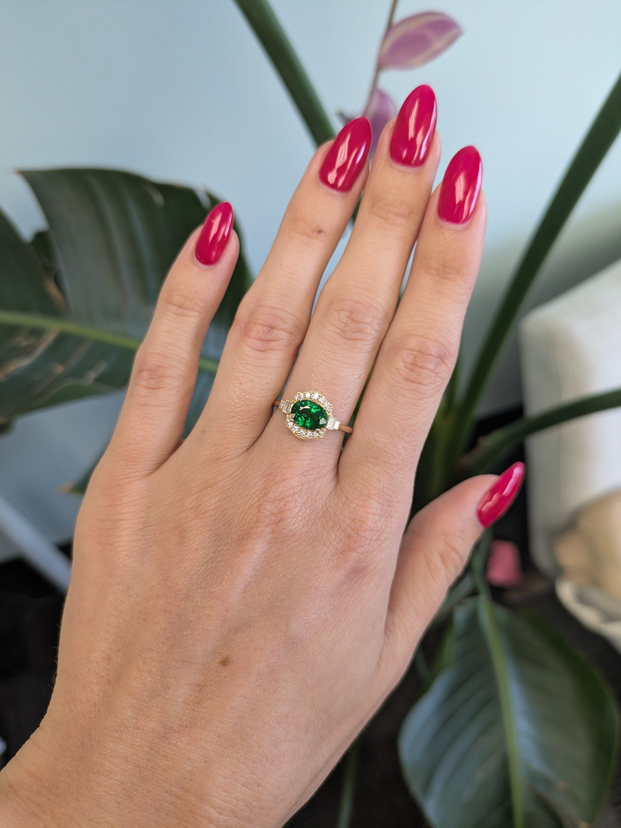 14K yellow gold tsavorite garnet ring with diamond accents