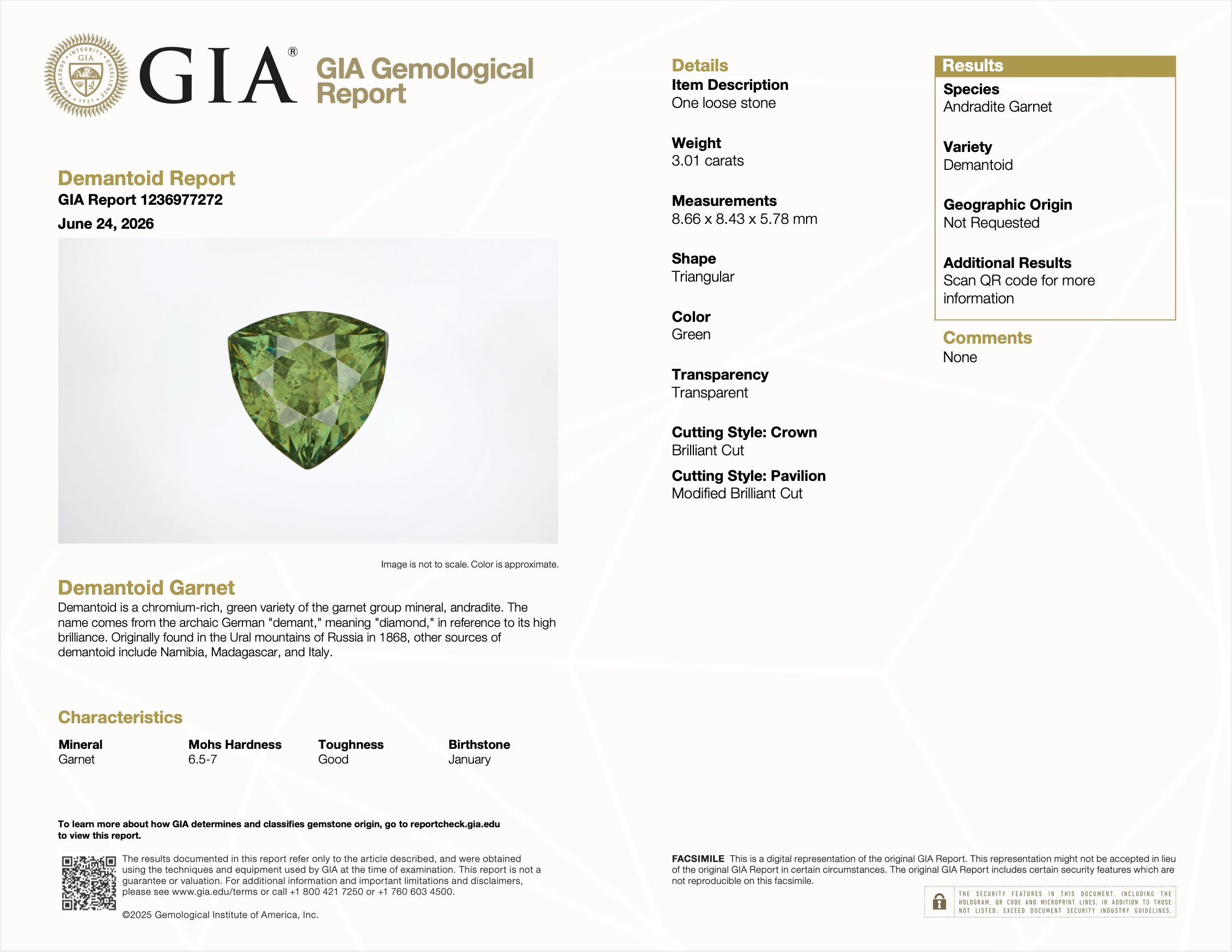 GIA report 1236977272 for 3.01 carat natural untreated demantoid garnet