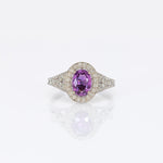 14K white gold pink sapphire oval ring with diamond halo