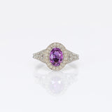 14K white gold pink sapphire oval ring with diamond halo