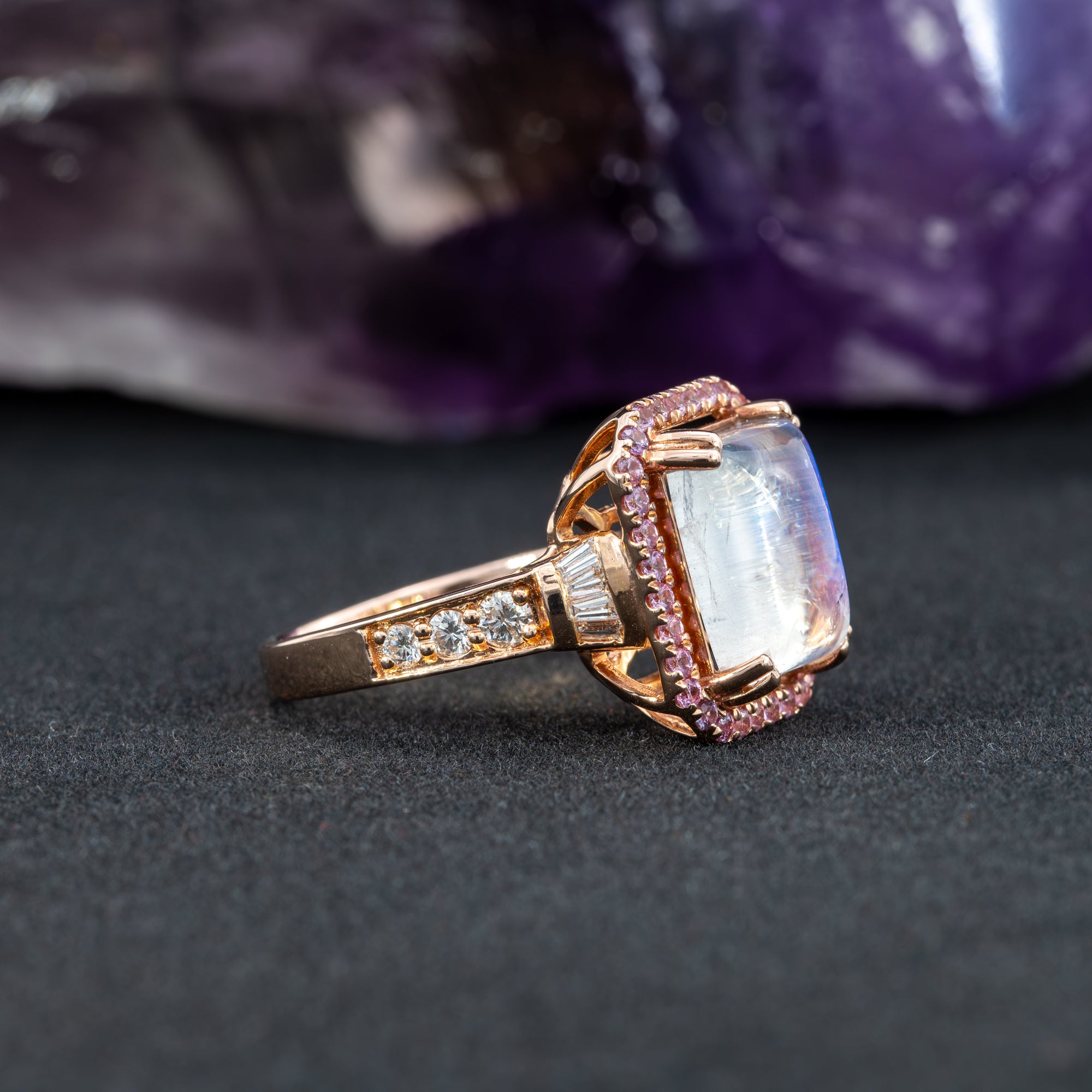 14K rose gold rainbow moonstone ring