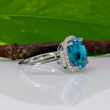14K white gold Cambodian blue zircon cushion ring with diamond halo