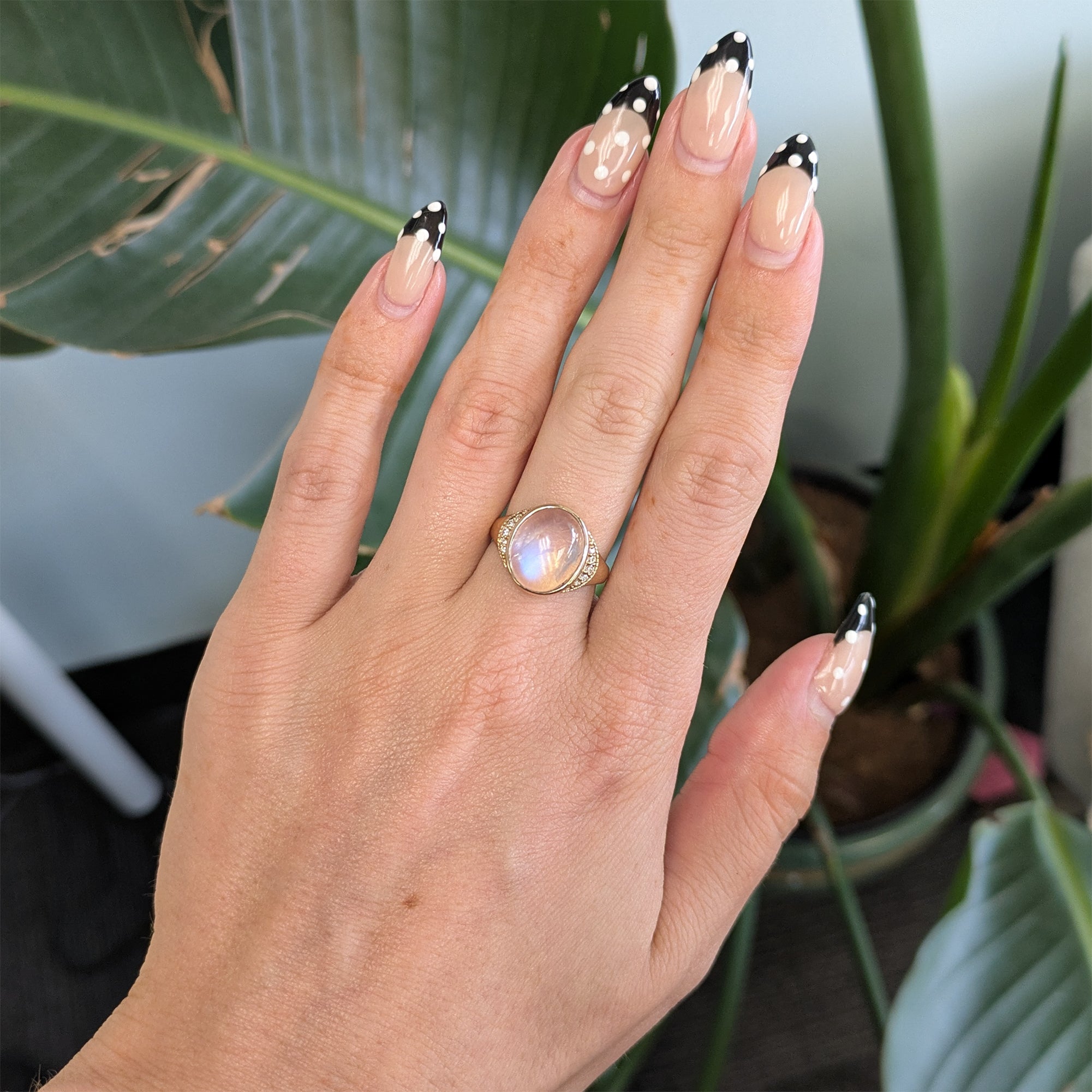 14K yellow gold rainbow moonstone cabochon ring with diamonds