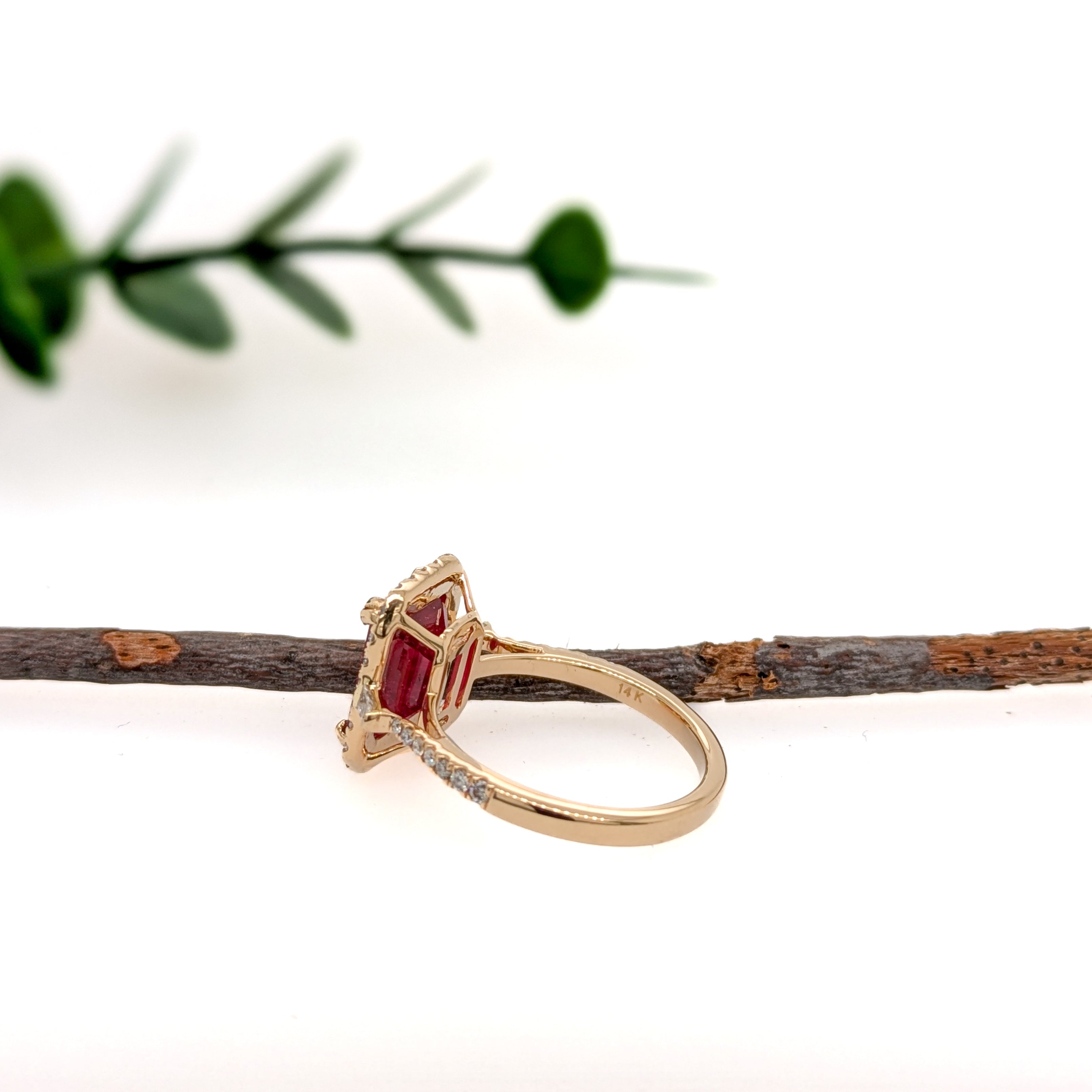 Alma 14K Yellow Gold 4.25cts Madagascar Ruby Diamond Ring | Emerald Cut 10x8mm