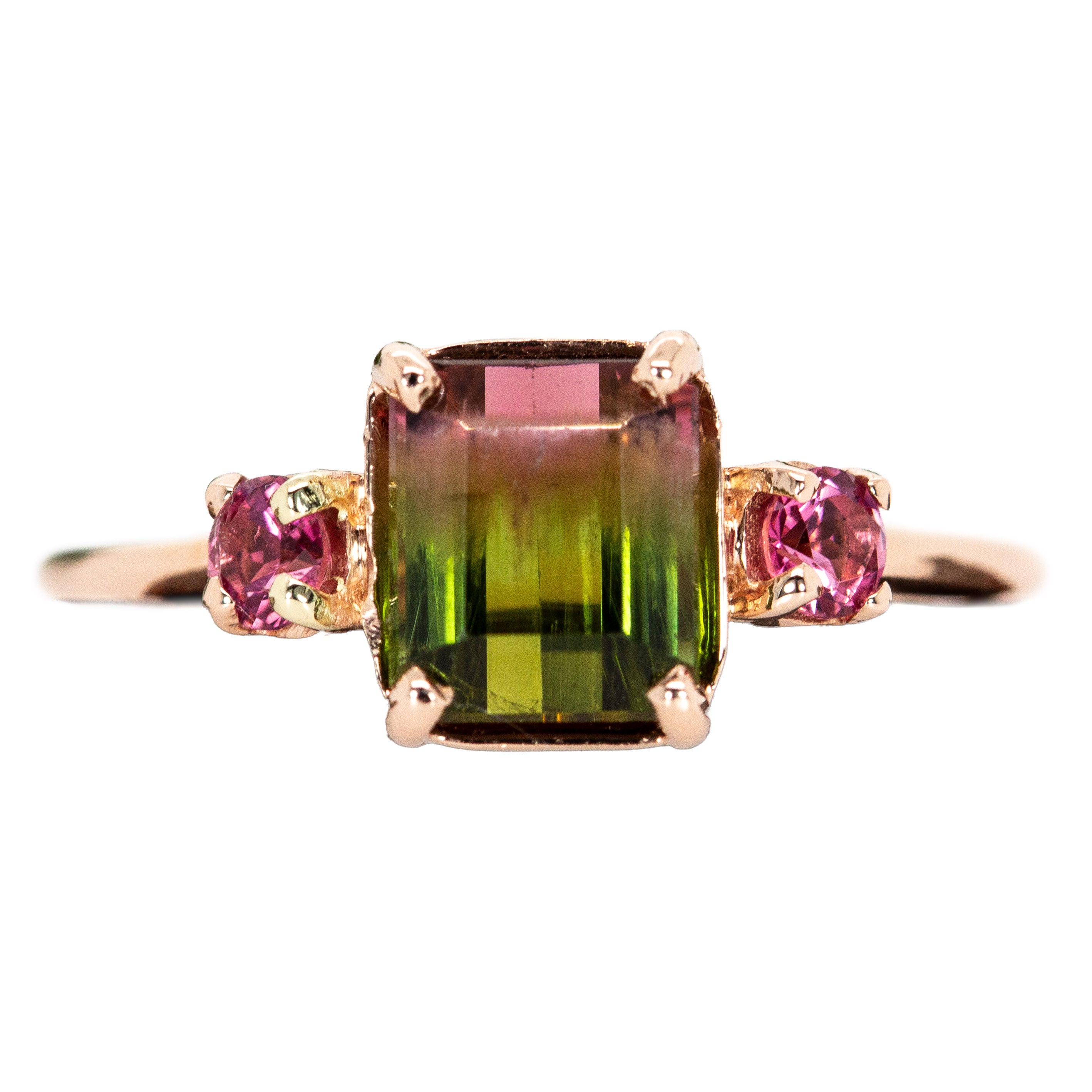 Avila 14K Rose Gold 3.55cts Bi-color Tourmaline Diamond Ring w 3mm Pink Tourmaline Accents | Emerald Cut - 9x6mm
