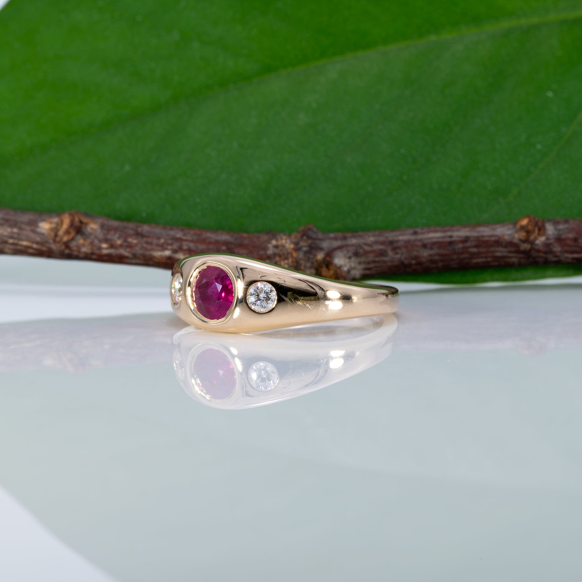 14K yellow gold Burma ruby ring with diamond accents