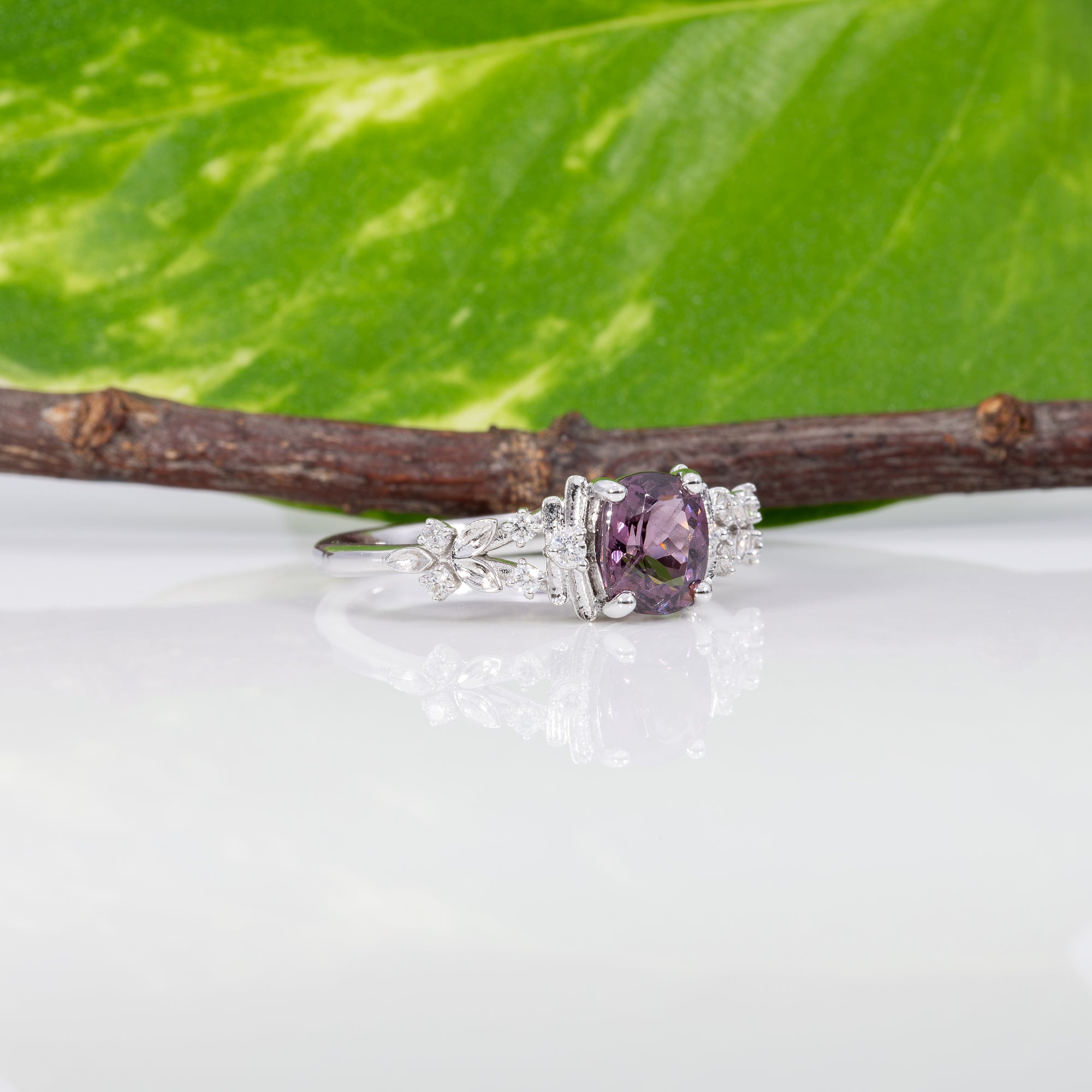 14K white gold purple spinel ring with diamond accents