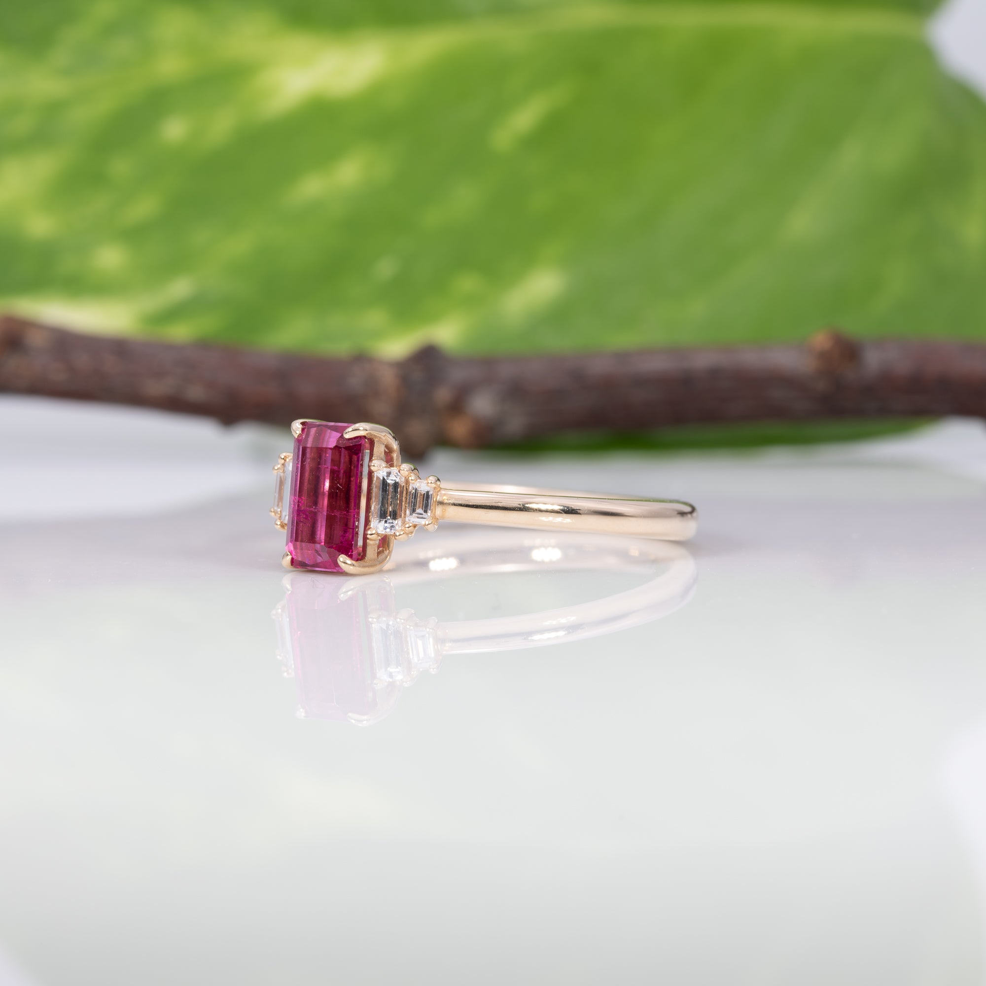 14K yellow gold pink tourmaline ring with diamond accents