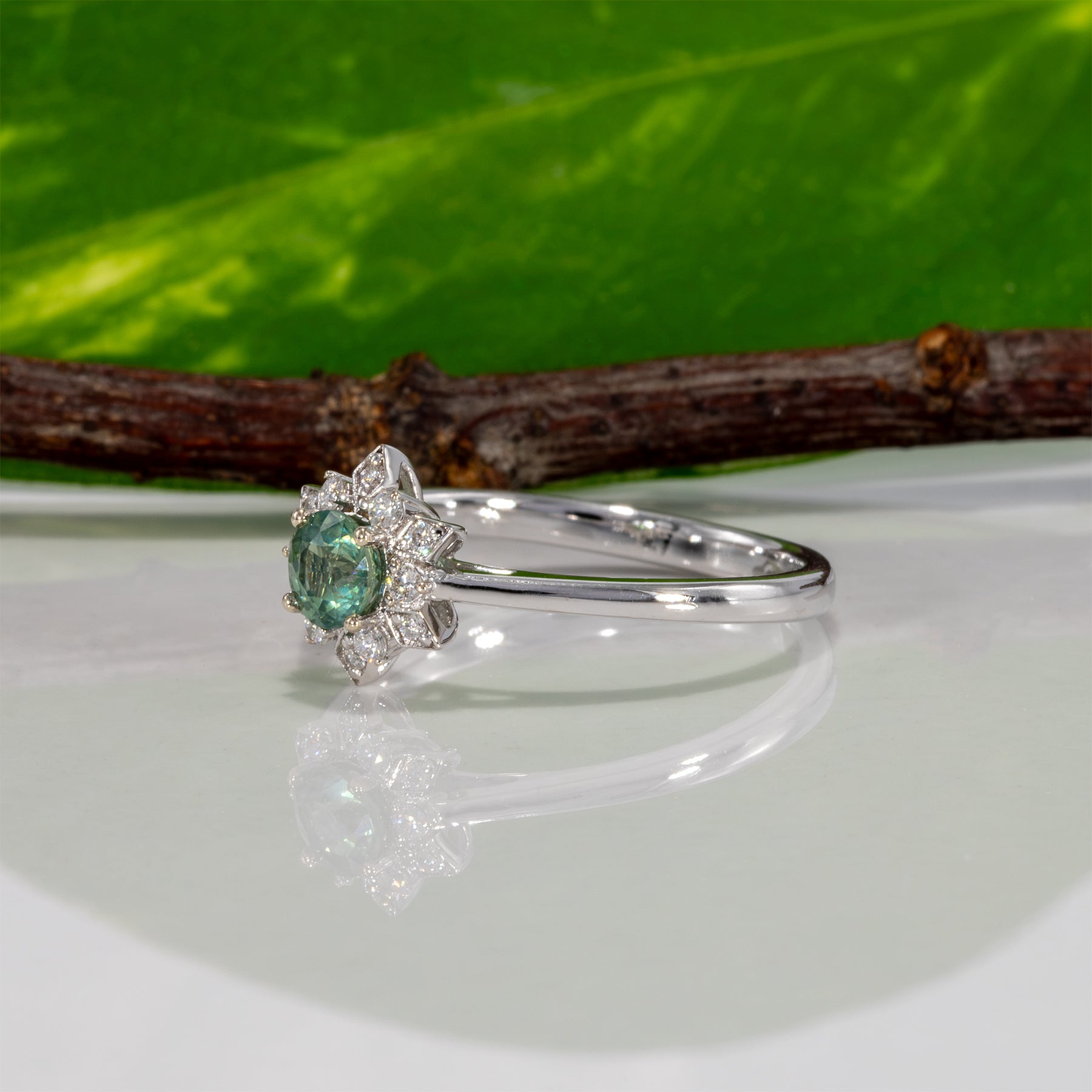 14K white gold alexandrite ring with diamond accents