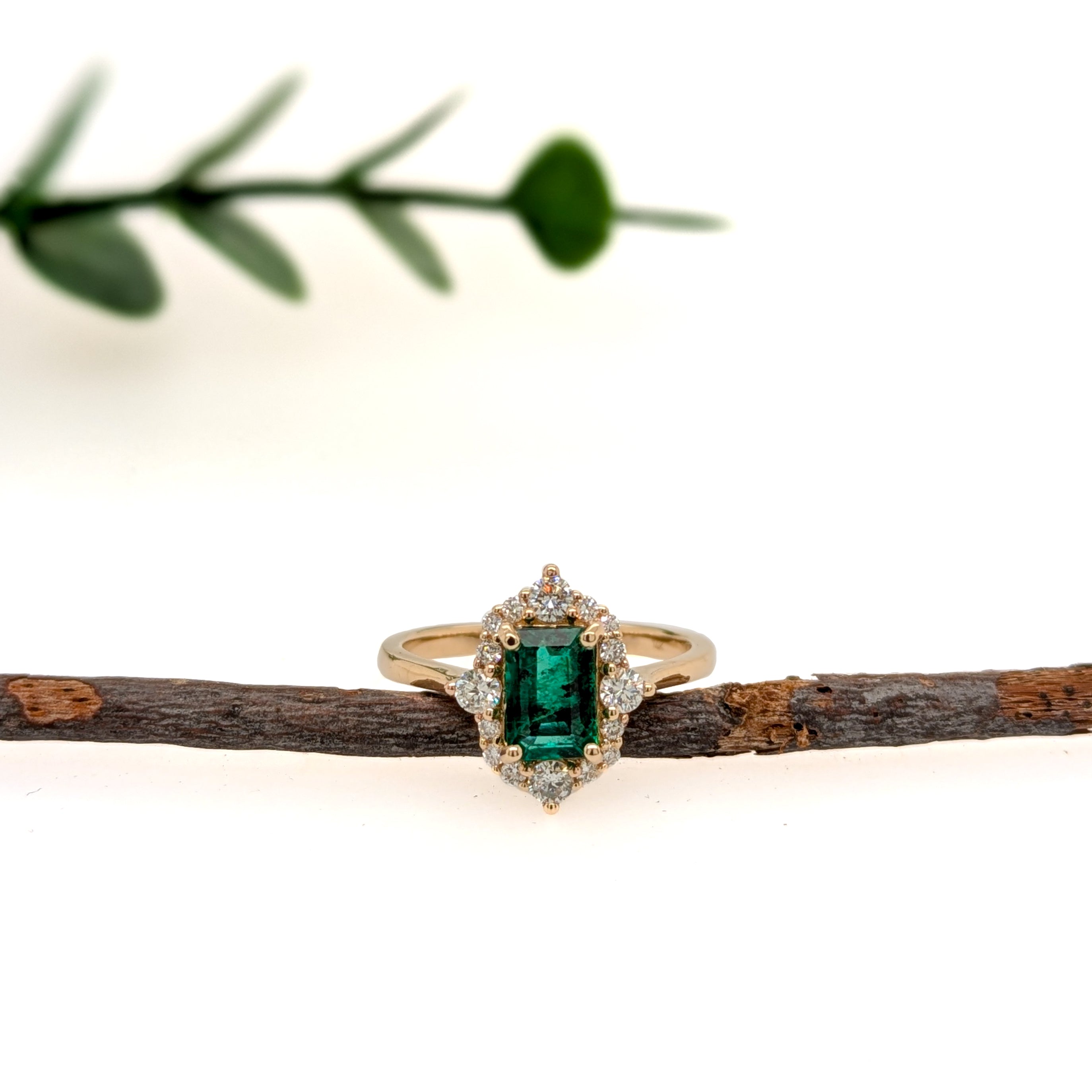 Jasmine 14K Yellow Gold 0.96cts Zambian Emerald Diamond Wedding Ring | Emerald Cut 7x5mm