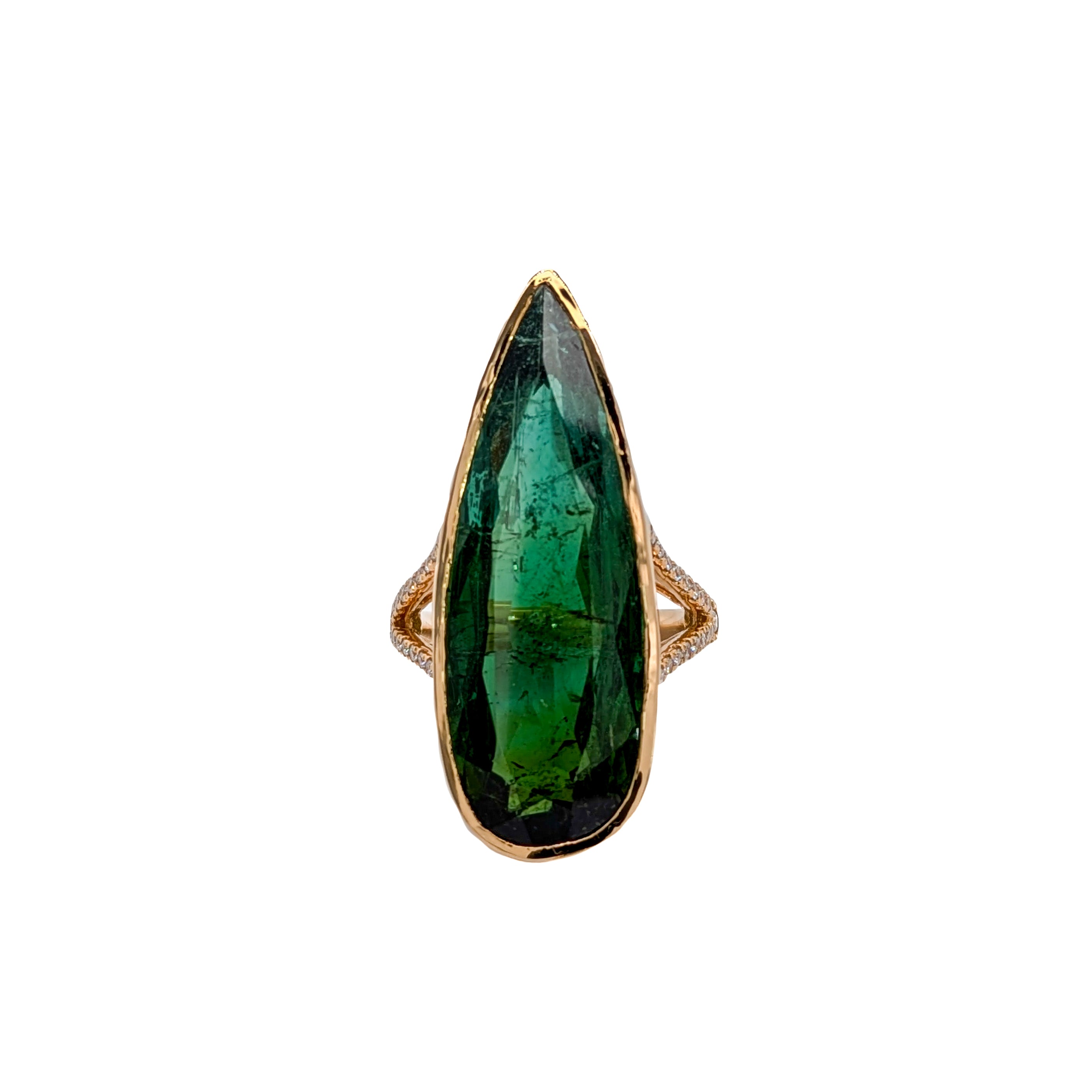 Meri 14K Yellow Gold 17.65cts Chrome Tourmaline Diamond Ring | Pear Shape 34x12mm