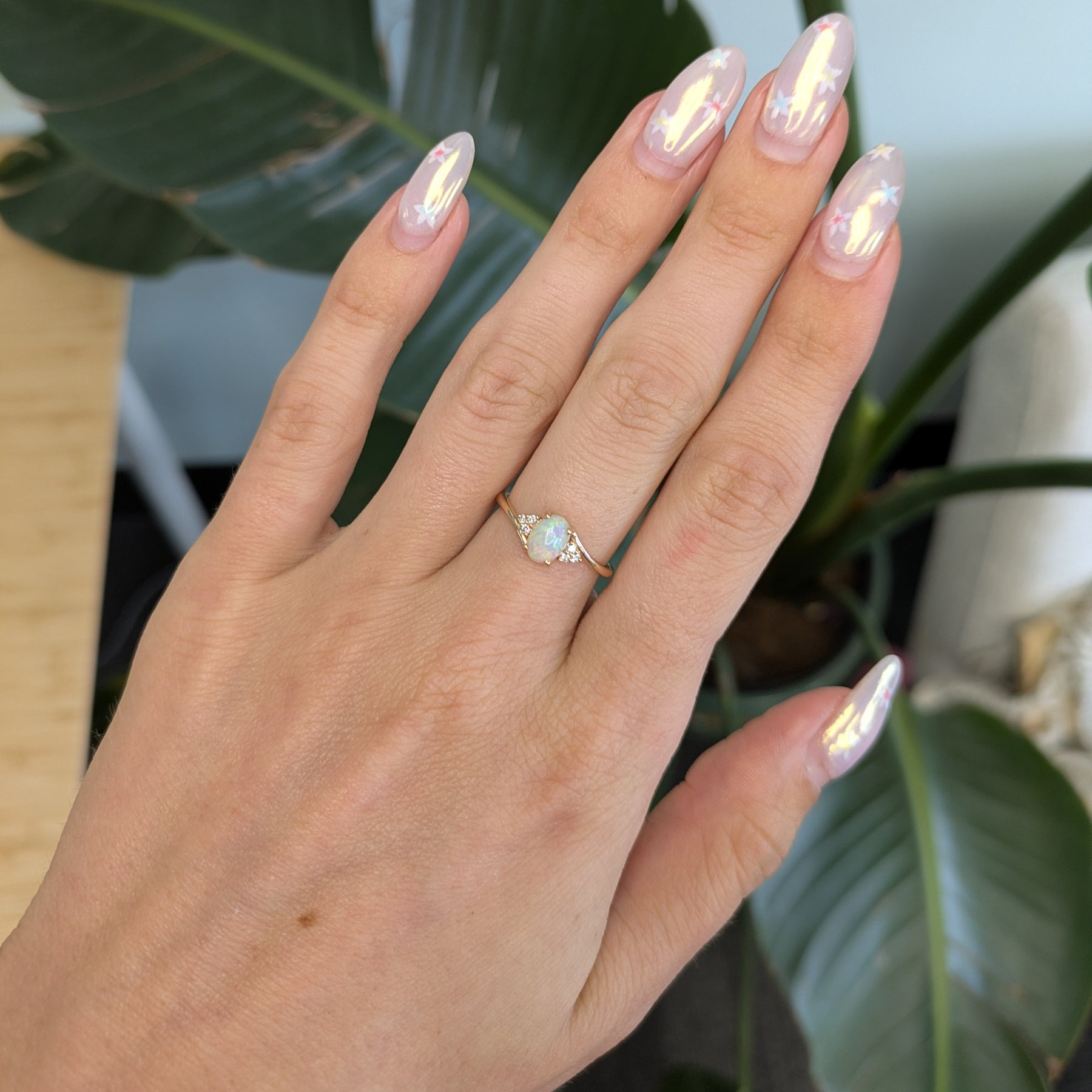14K yellow gold Ethiopian opal cabochon ring with diamond accents