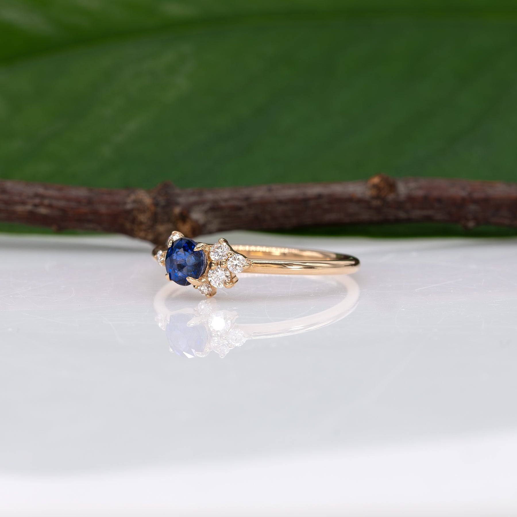 14K yellow gold Ceylon blue sapphire ring with diamond accents