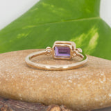 Amethyst Ring with Natural Diamond Accents in Solid 14K Gold – Emerald Cut 7x5mm Purple Gemstone Ring, Vintage Style Fine Jewelry