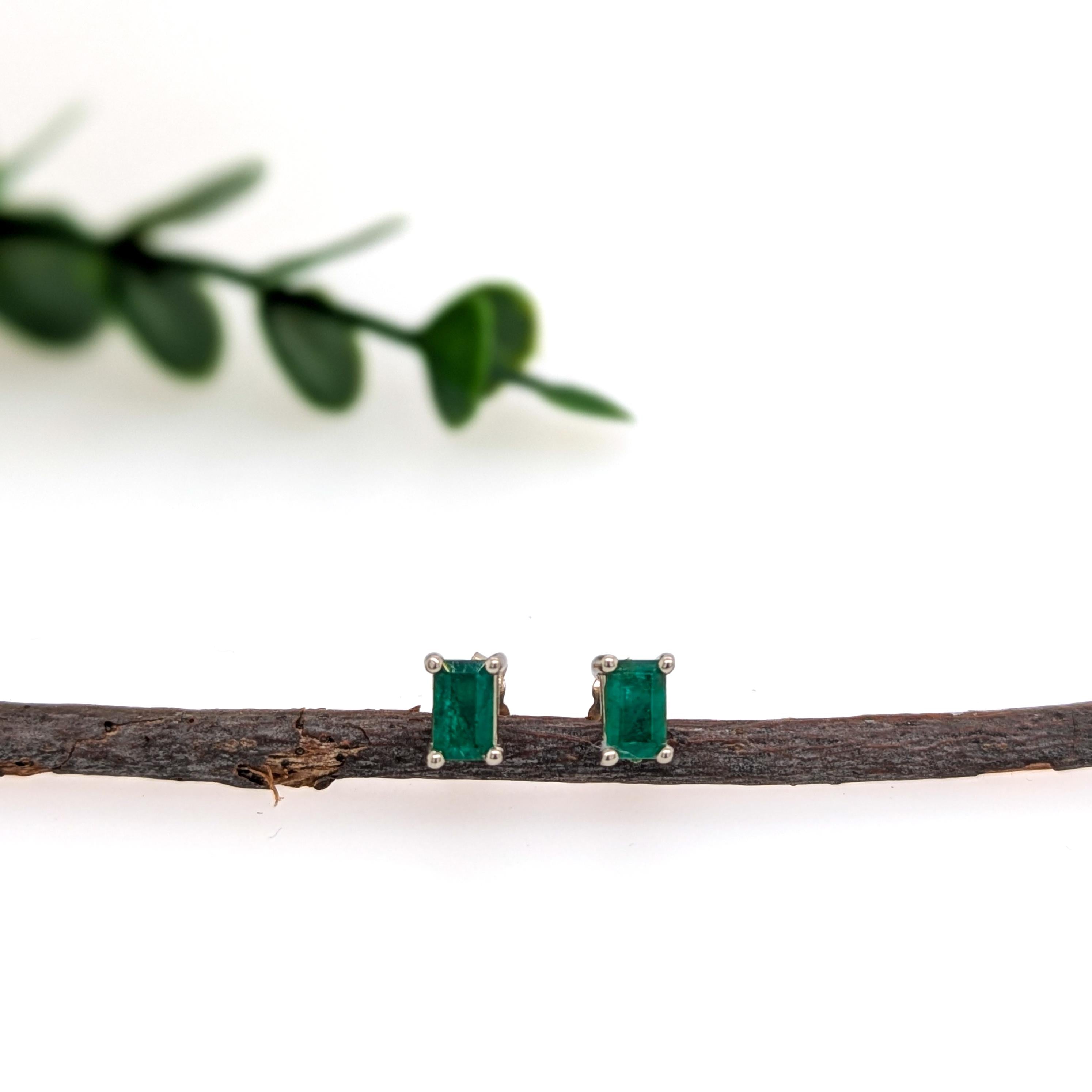 5x3mm Emerald Cut Zambian Emerald Solitaire Stud Earrings in 14K White Gold
