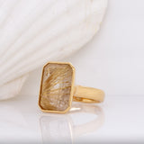 Isla Golden Rutilated Quartz Ring in Solid 18K Yellow Gold | Emerald cut 17x11mm | Solitaire Ring | Statement Ring
