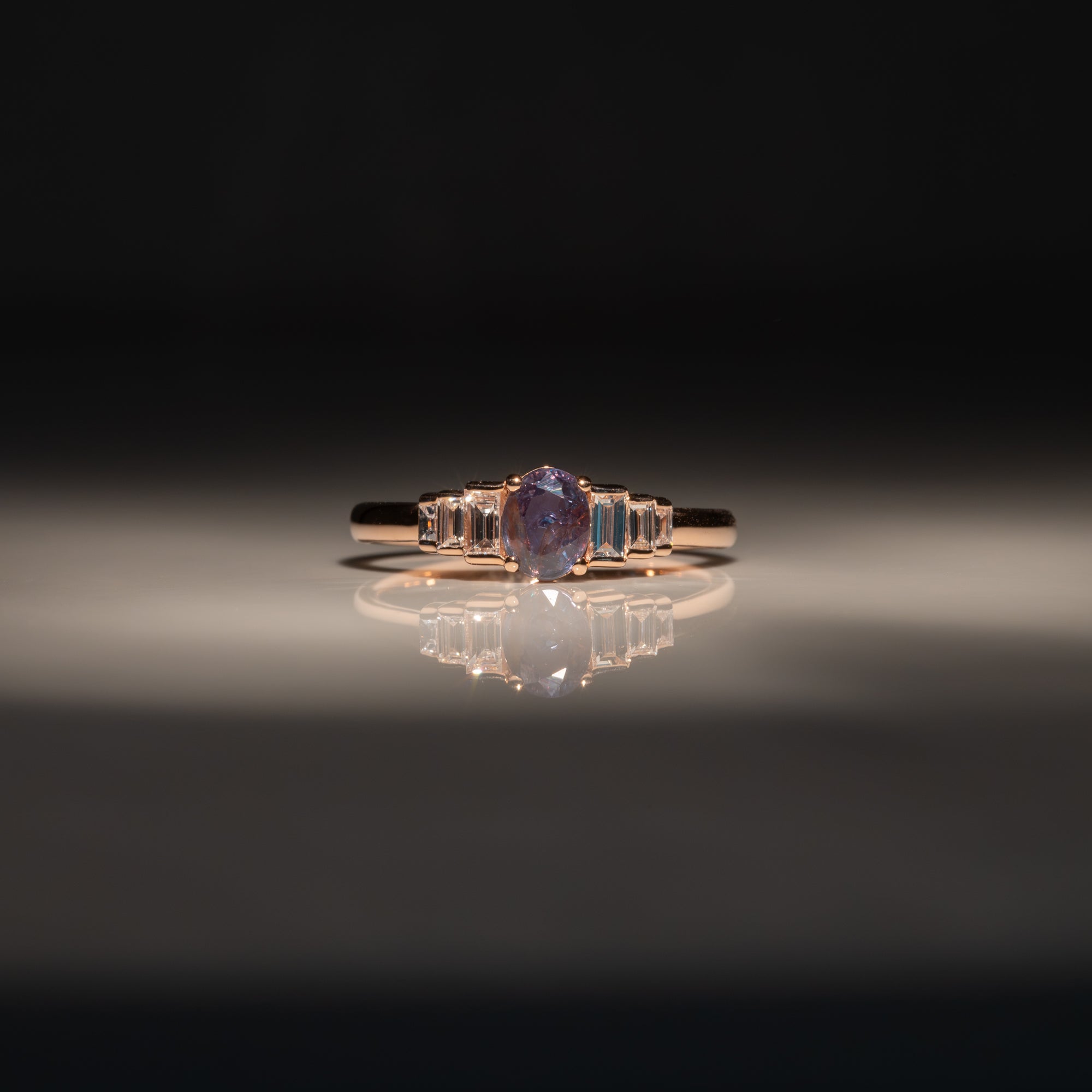 14K rose gold alexandrite ring with diamond accents
