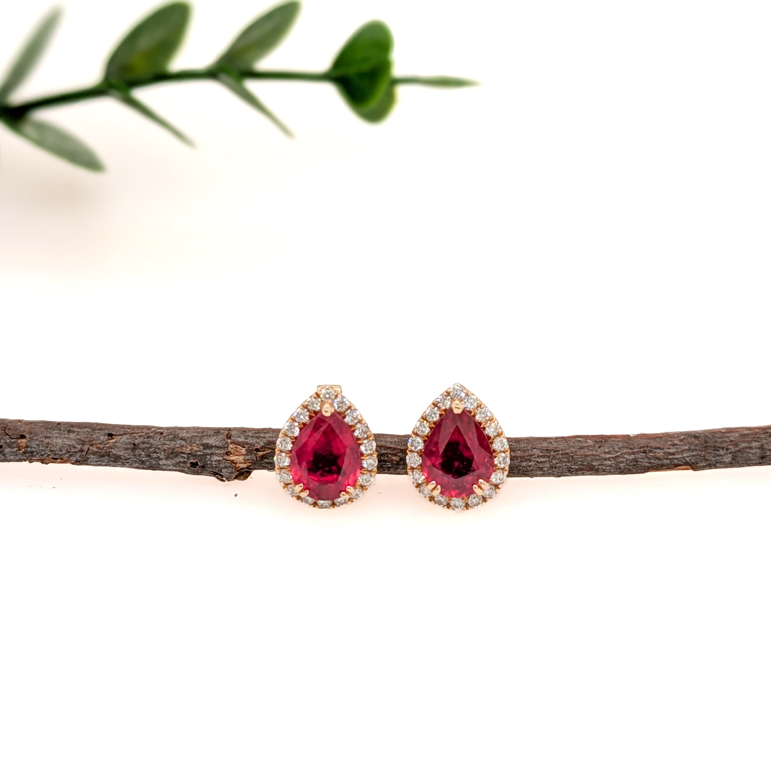 2.86ct Madagascar Ruby Earrings w Diamond Halo in Solid 14K Gold | PE 8x6mm