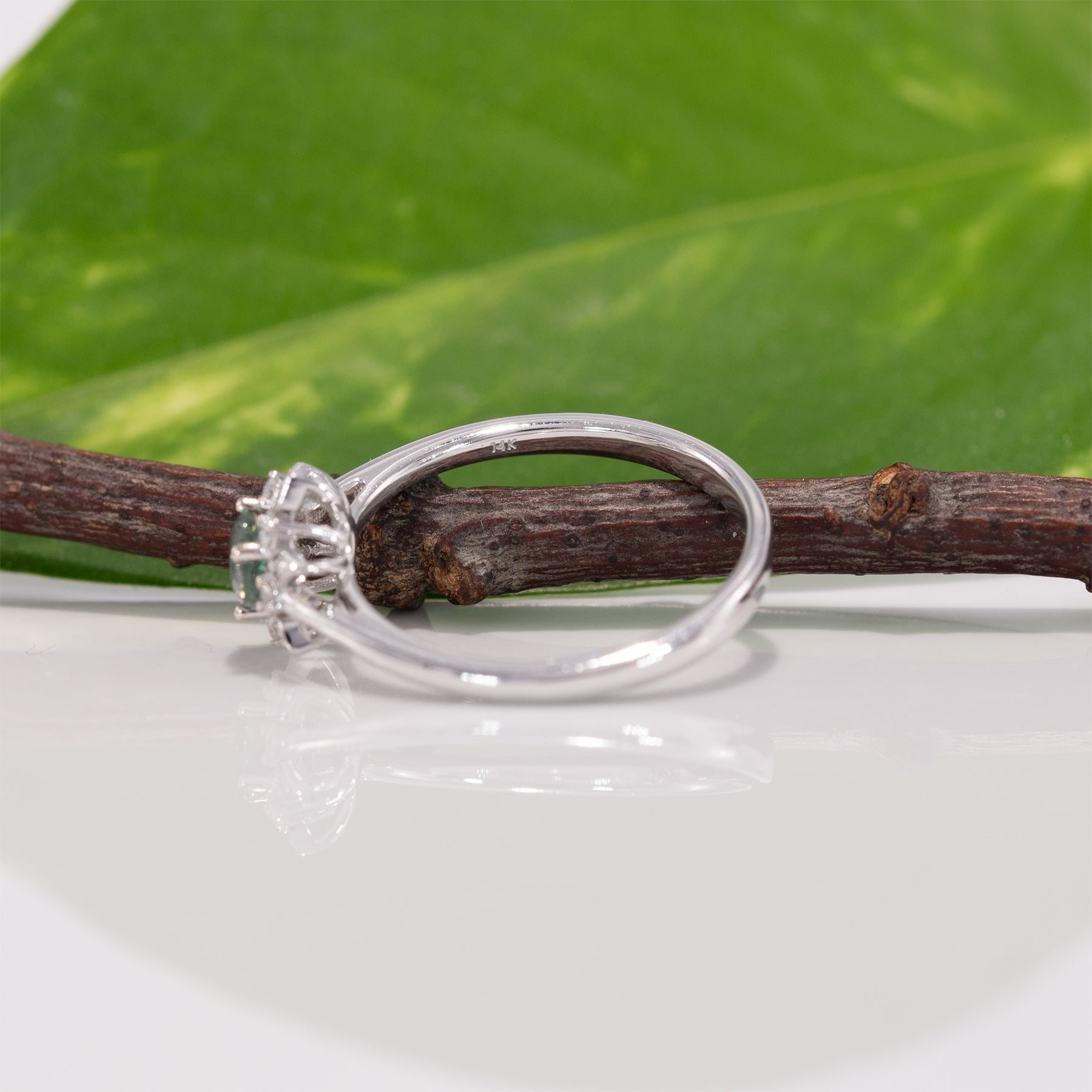 14K white gold alexandrite ring with diamond accents