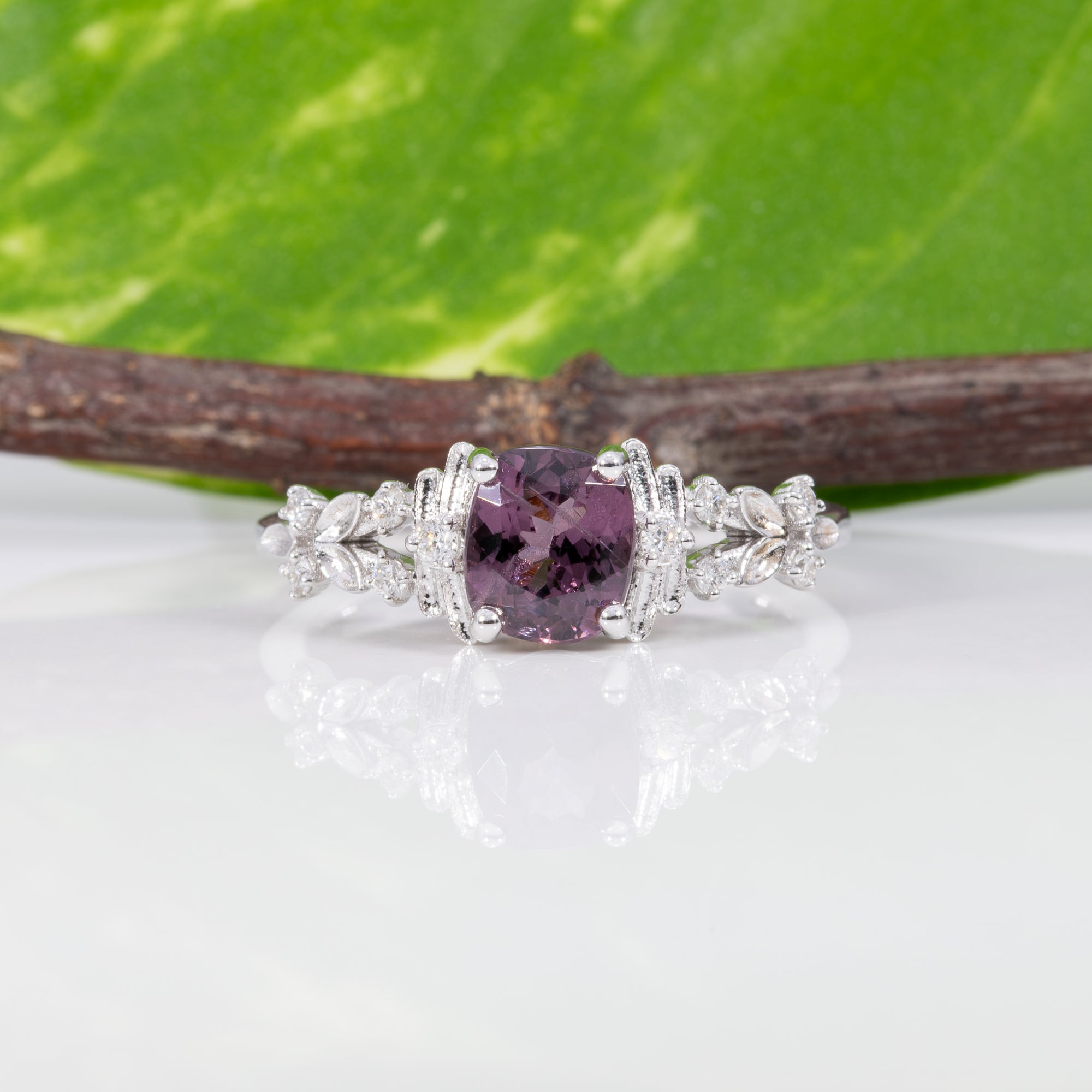 14K white gold purple spinel ring with diamond accents