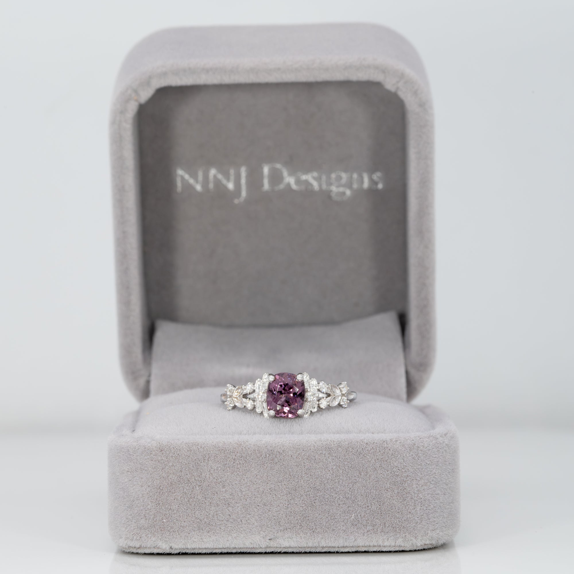 14K white gold purple spinel ring with diamond accents