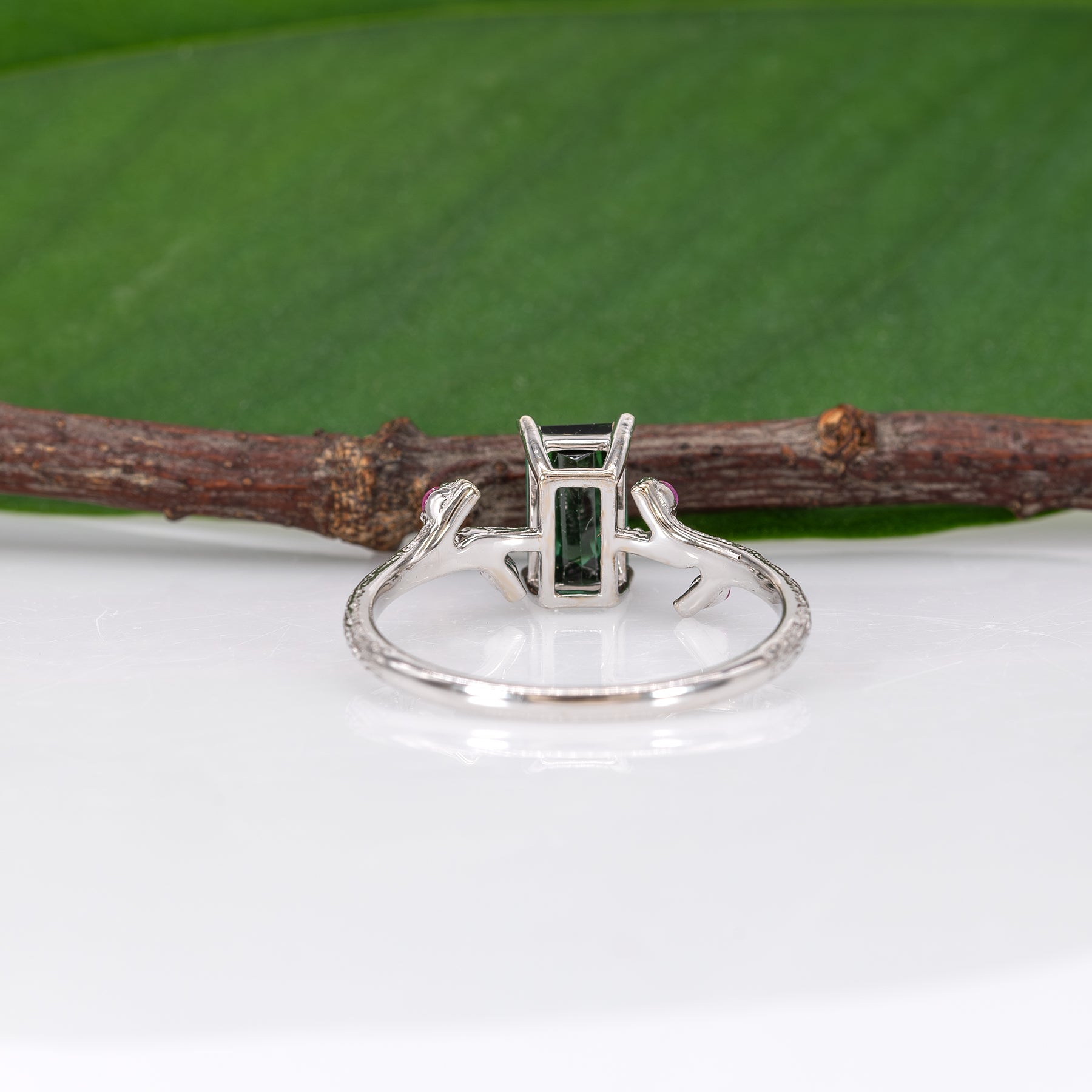 14K white gold indicolite tourmaline ring with pink sapphire accents